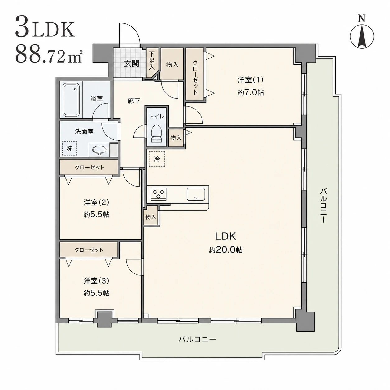 メゾン一番町の間取り図（3LDK（トランクルーム付）・88.72㎡）