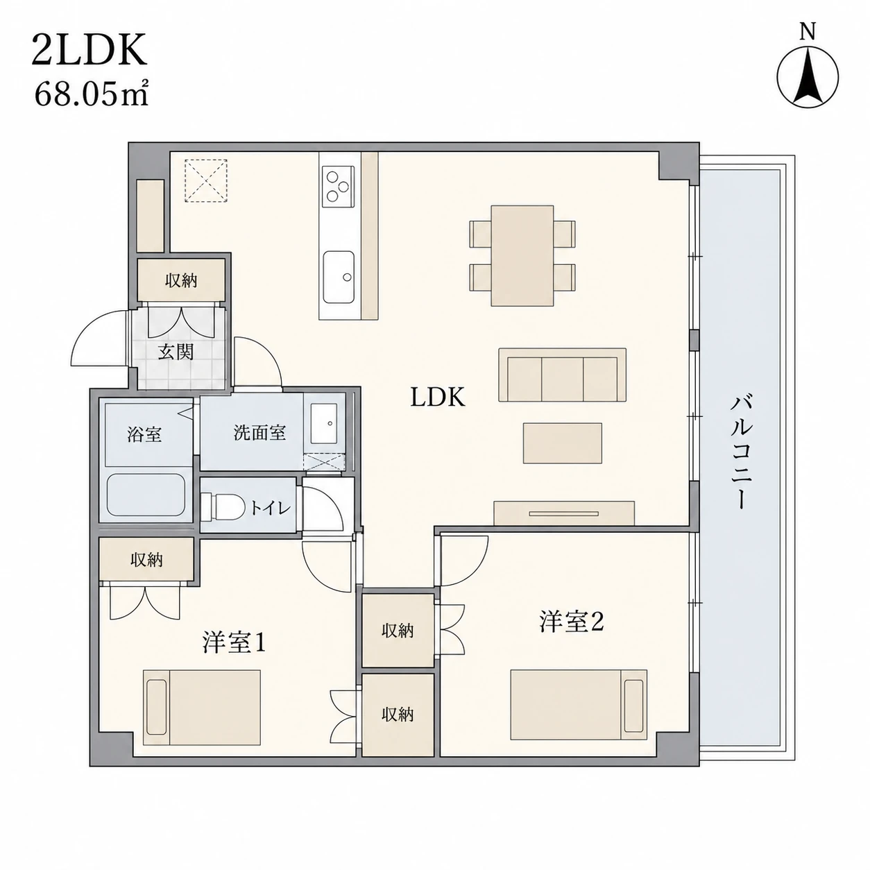 リヴェールタワー佃の間取り図（2LDK・68.05㎡）